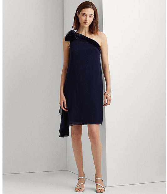 Lauren Ralph Lauren One Shoulder Velvet Bow Sleeveless Cascading Chiffon Dress  Color Lighthouse Navy Size 2
