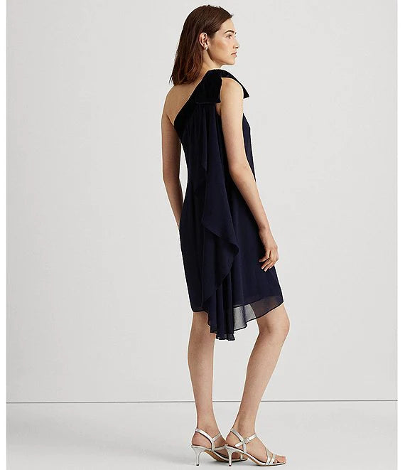 Lauren Ralph Lauren One Shoulder Velvet Bow Sleeveless Cascading Chiffon Dress  Color Lighthouse Navy Size 2