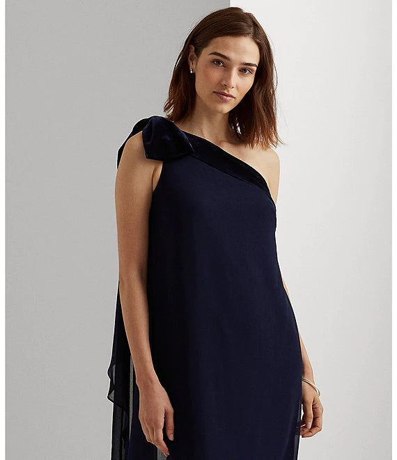 Lauren Ralph Lauren One Shoulder Velvet Bow Sleeveless Cascading Chiffon Dress  Color Lighthouse Navy Size 2