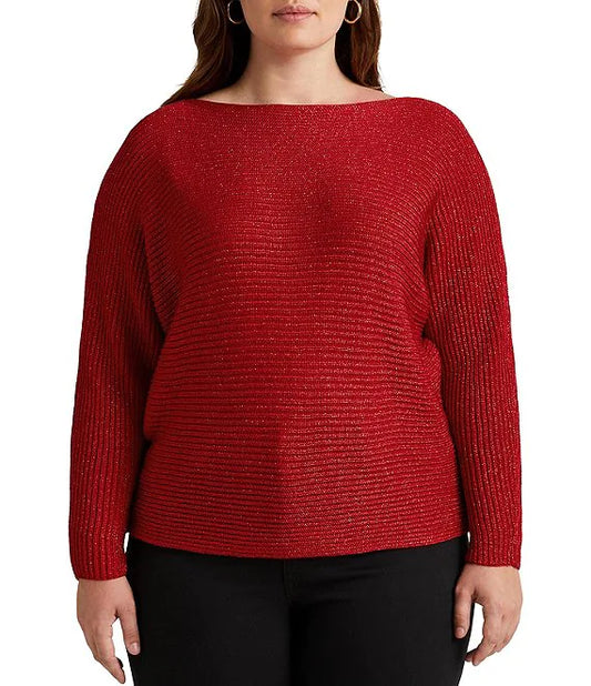 Lauren Ralph Lauren Plus-Size Dolman-Sleeve Boatneck Statement Sweater  Color Lipstick Red Lurex Size 3X