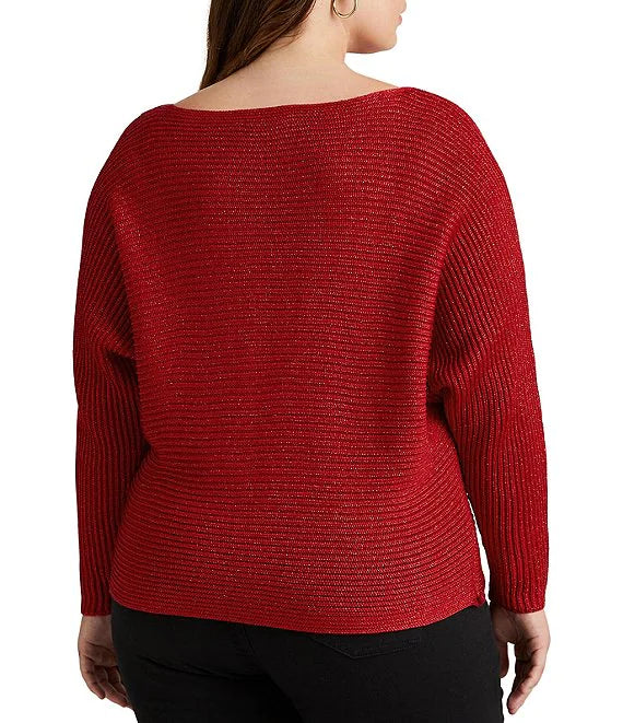 Lauren Ralph Lauren Plus-Size Dolman-Sleeve Boatneck Statement Sweater  Color Lipstick Red Lurex Size 3X