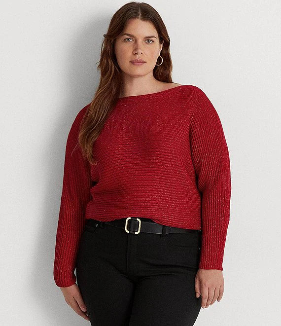 Lauren Ralph Lauren Plus-Size Dolman-Sleeve Boatneck Statement Sweater  Color Lipstick Red Lurex Size 3X