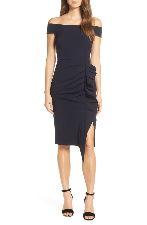 ELIZA J Off-the-shoulder Ruched Cocktail Dress In Navy  Size 6
