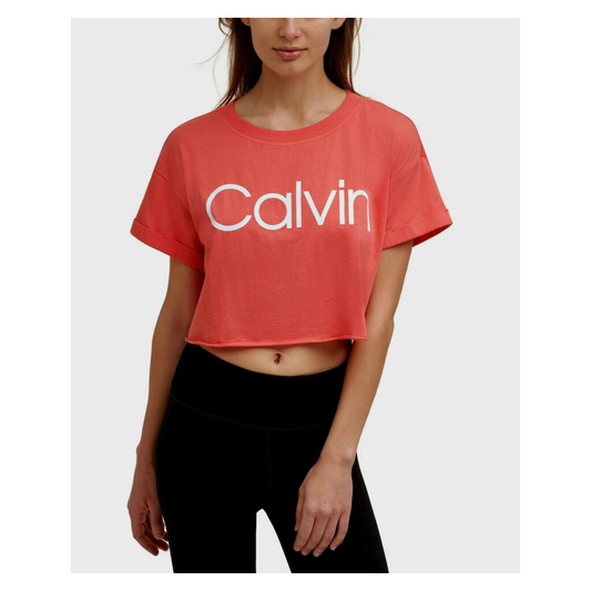 Calvin Klein Women's Short Sleeve Rolled Cuff Cropped Top  Color Pink Size L