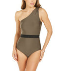 DKNY Belted One-Shoulder Tummy-Control One-Piece Swimsuit Size 10 Color Green