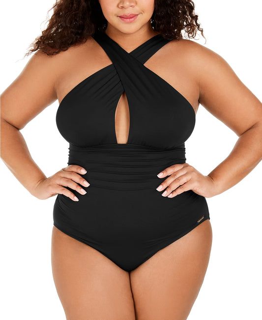 Michael Kors Plus Size High-Neck Keyhole One-Piece Swimsuit  Color Black Size 18W