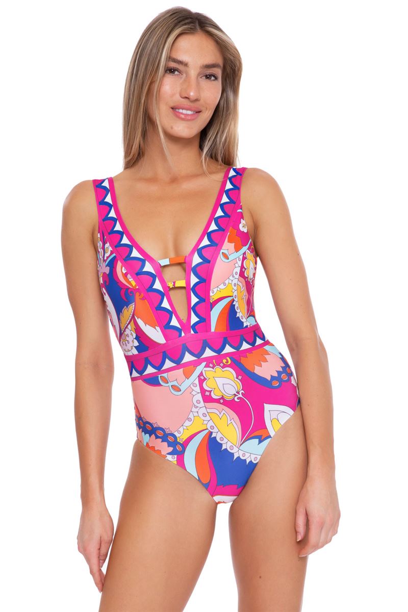 TRINA TURK Printed Plunging One-Piece Swimsuit  Color Pink Size 6