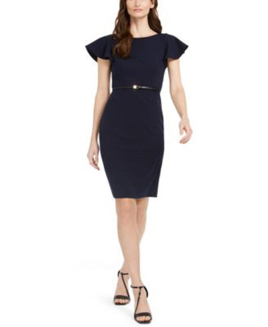 Calvin Klein Women’s Petite Ruffle-Sleeve Belted Dress  Color Indigo Size 12P