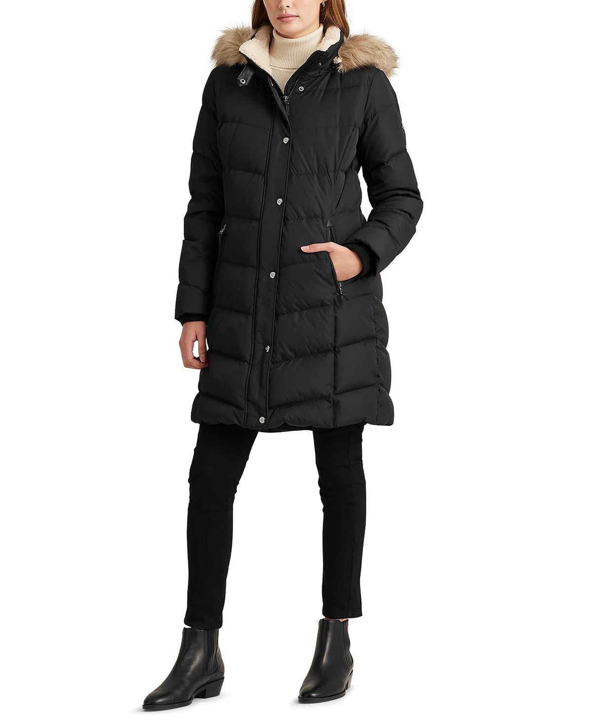 Lauren Ralph Lauren Women's Faux-Fur-Trim Hooded Down Puffer Coat  Color Black Size S