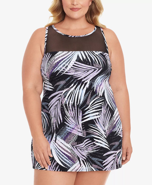 Swim Solutions Plus Size Sprinkle Leaf High-Neck Swimdress  Color Black/White Size 22W
