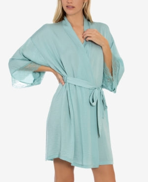 LINEA DONATELLA Lace-trim Hammered Satin Wrap Robe  Color Sage Size S