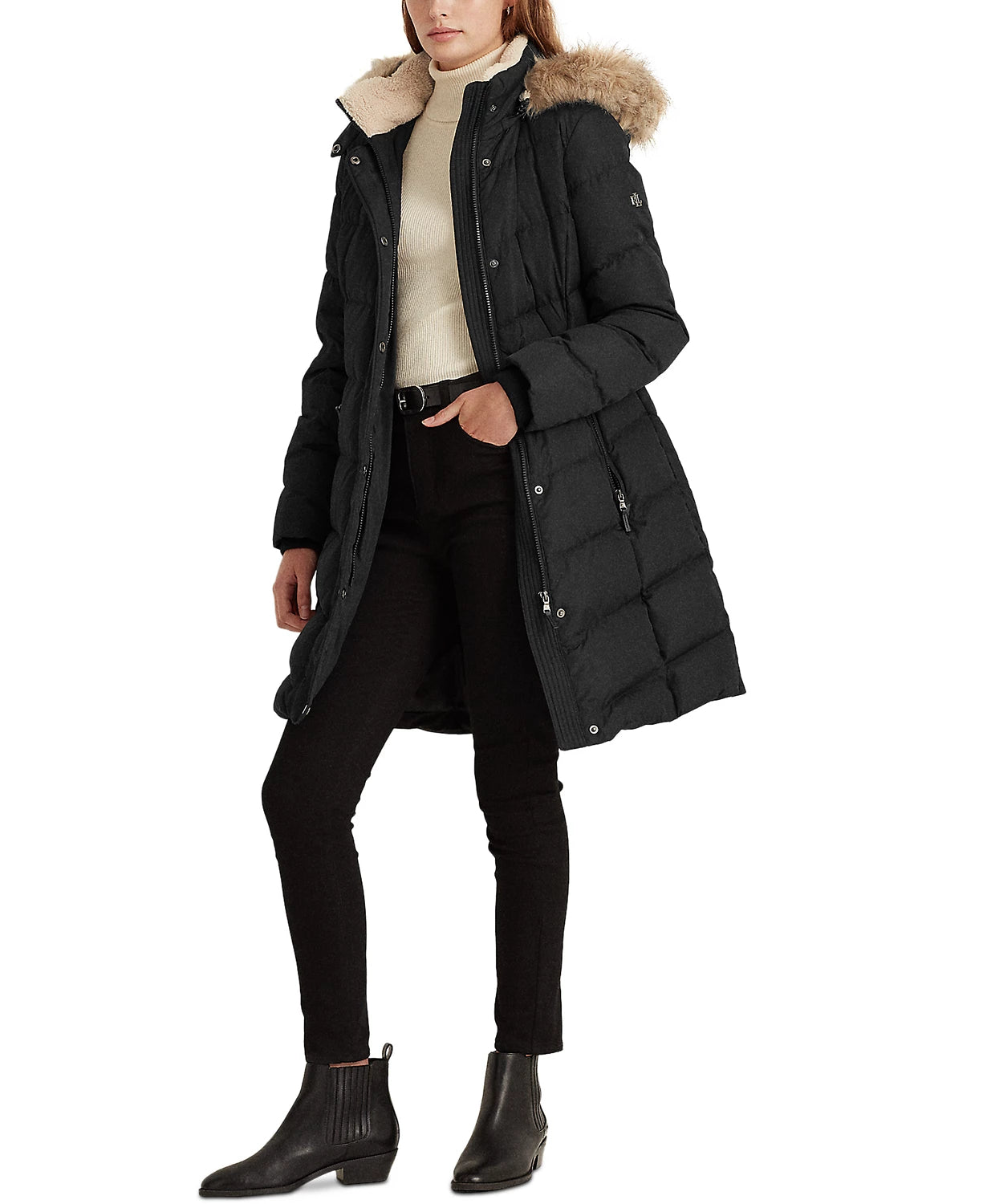 Lauren Ralph Lauren Women's Faux-Fur-Trim Hooded Down Puffer Coat  Color Black Size S