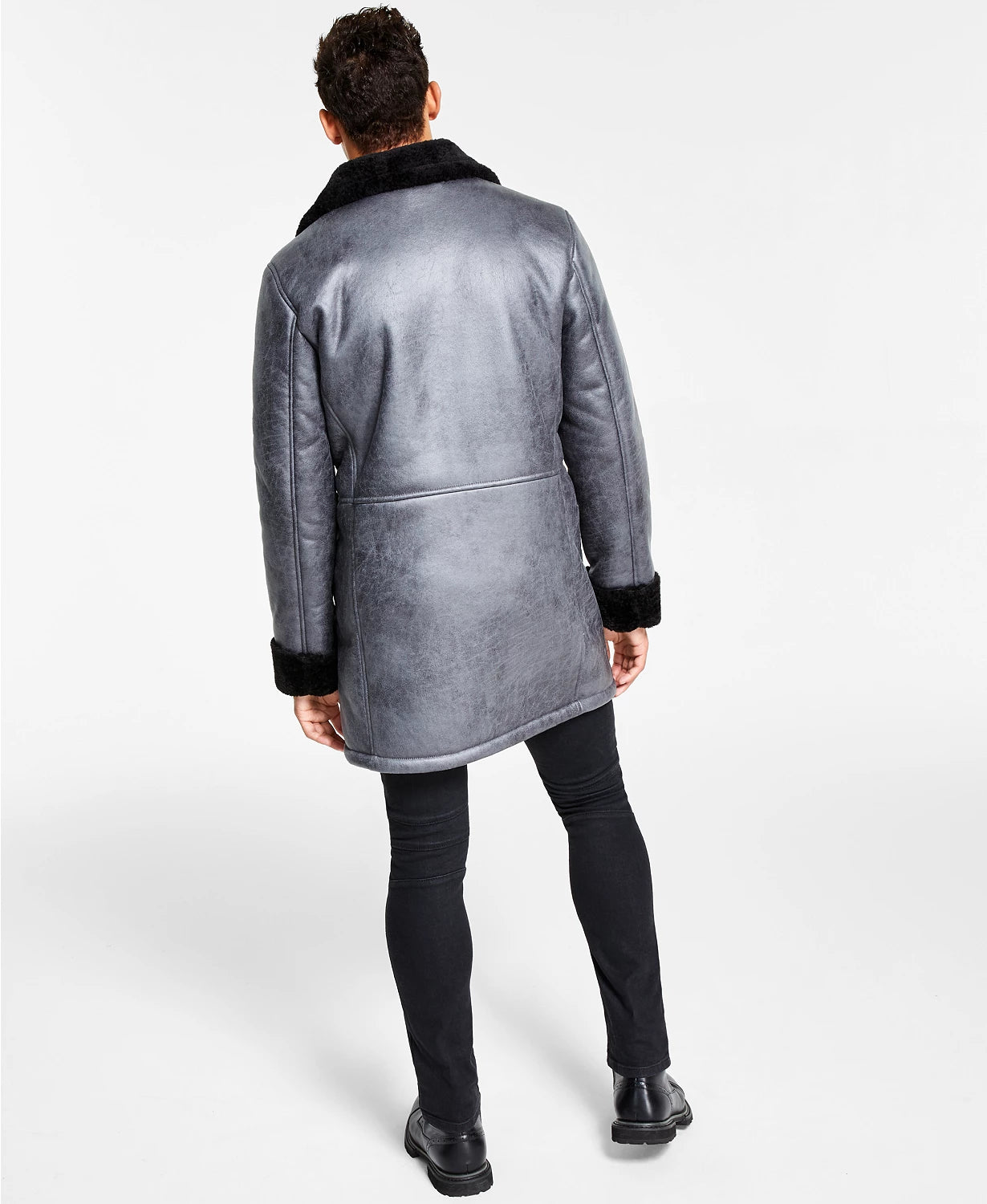 INC International Concepts Men's Faux-Fur-Trim Faux-Leather Coat  Color Gray Size S
