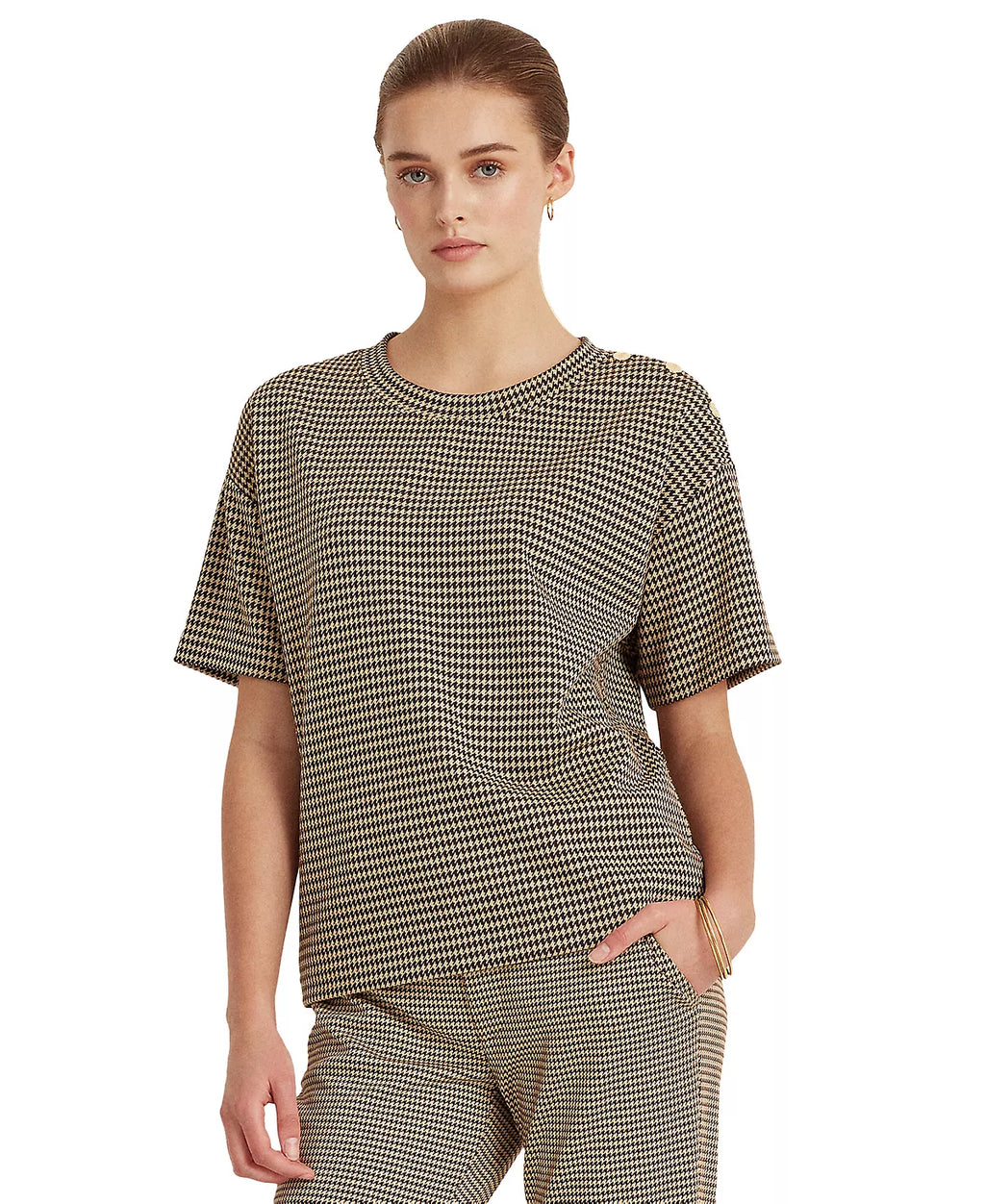 LAUREN RALPH LAUREN Women's Petite Houndstooth Print T-Shirt  Classic Camel Size PL