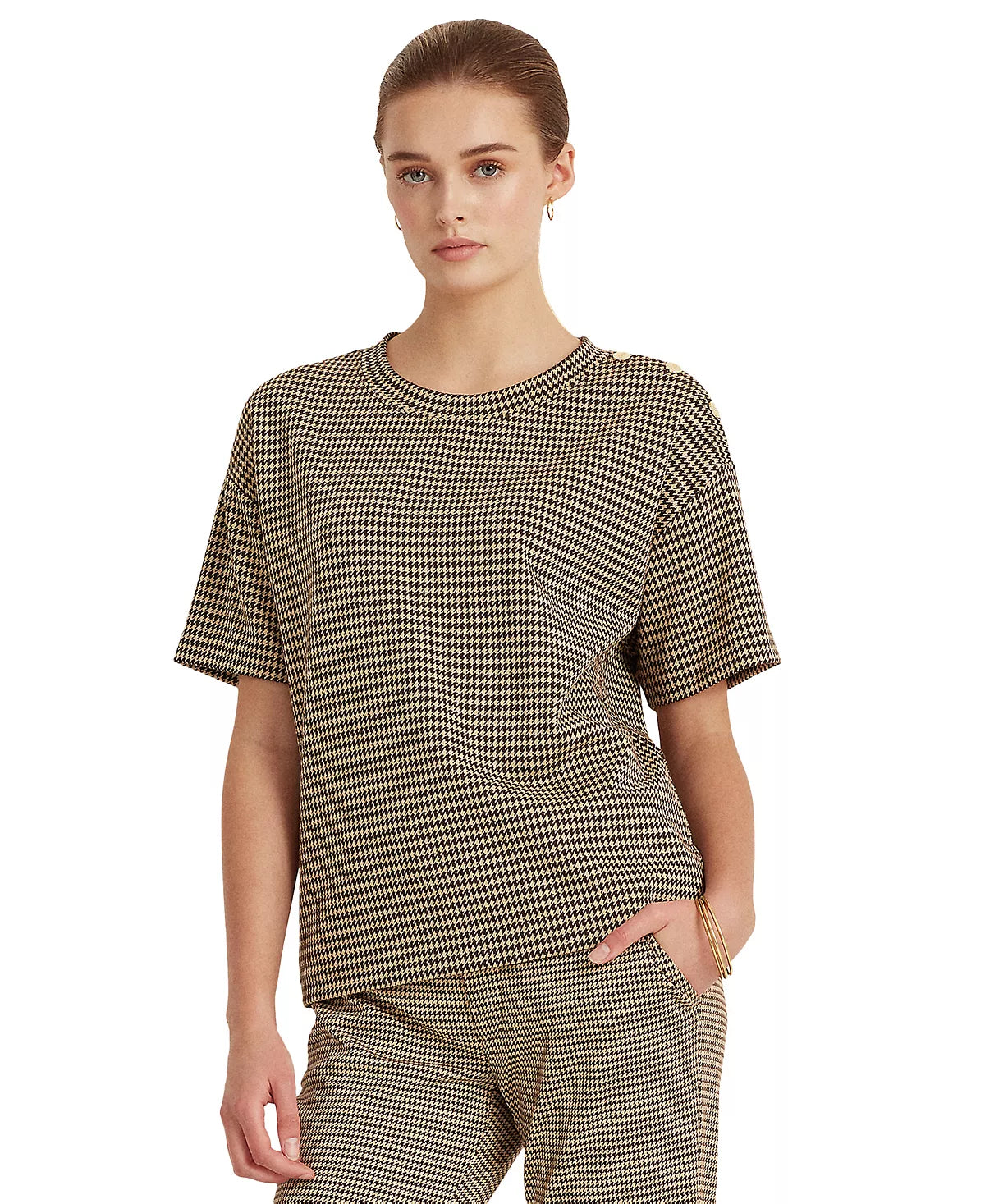 LAUREN RALPH LAUREN Women's Petite Houndstooth Print T-Shirt  Classic Camel Size PL