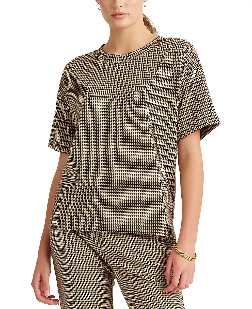 LAUREN RALPH LAUREN Women's Petite Houndstooth Print T-Shirt  Classic Camel Size PL