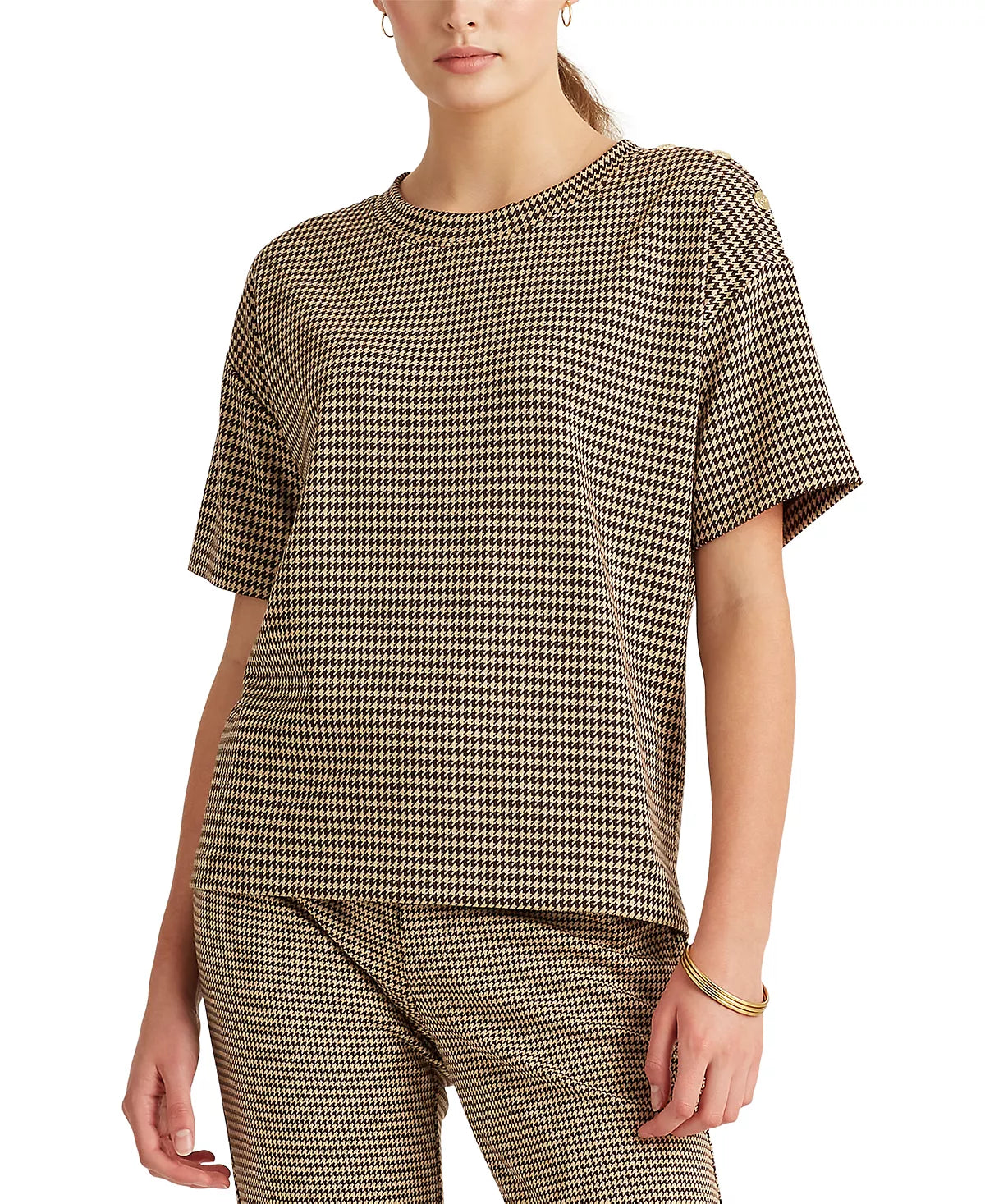 LAUREN RALPH LAUREN Women's Petite Houndstooth Print T-Shirt  Classic Camel Size PL