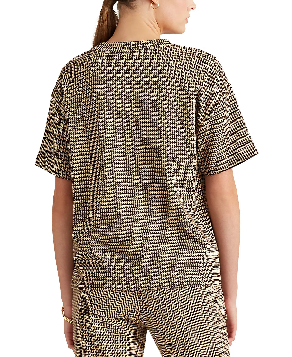 LAUREN RALPH LAUREN Women's Petite Houndstooth Print T-Shirt  Classic Camel Size PL