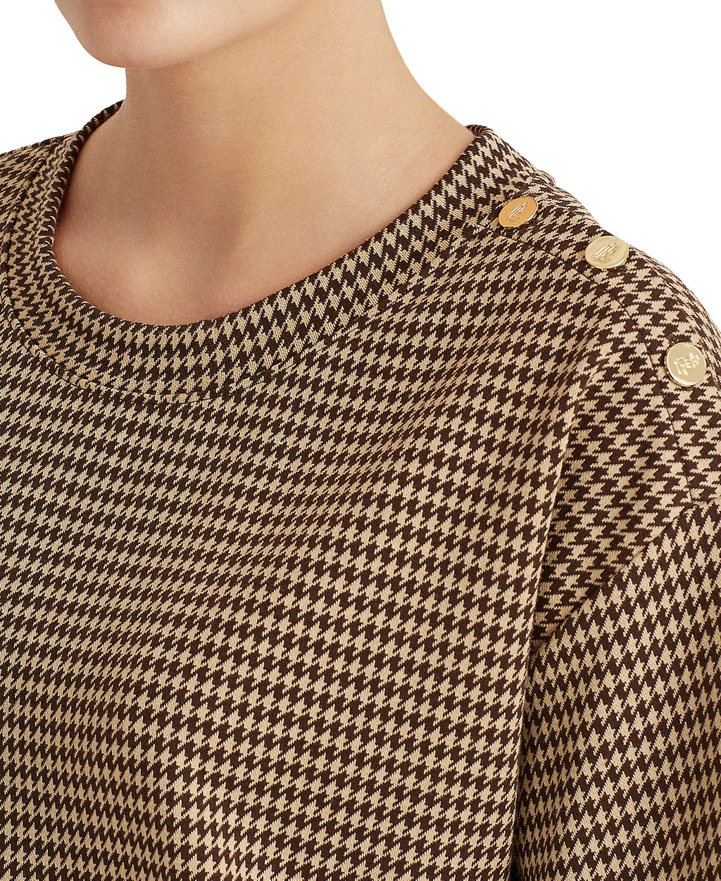 LAUREN RALPH LAUREN Women's Petite Houndstooth Print T-Shirt  Classic Camel Size PL