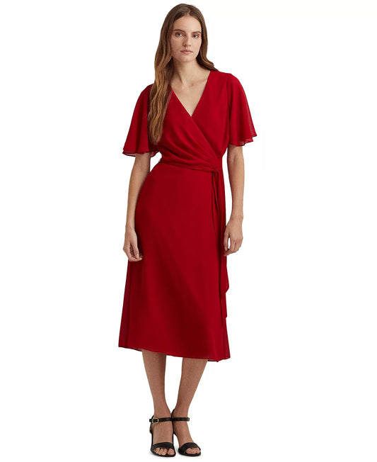 LAUREN RALPH LAUREN Georgette Flutter-Sleeve Dress  Color Lakehouse Red Size 12
