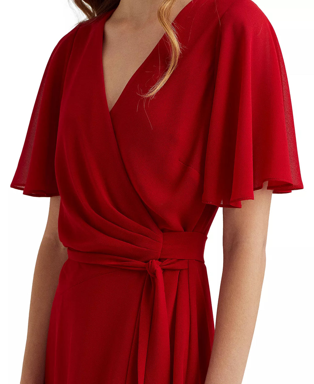 LAUREN RALPH LAUREN Georgette Flutter-Sleeve Dress  Lakehouse Red Size 12