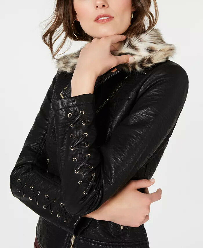GUESS Women's Faux-Leather Moto Jacket Leopard-Print Faux-Fur Col DDT Boutique