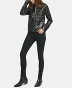 DKNY Women’s Zip Front Trucker Leather Jacket  Color Black Size XL