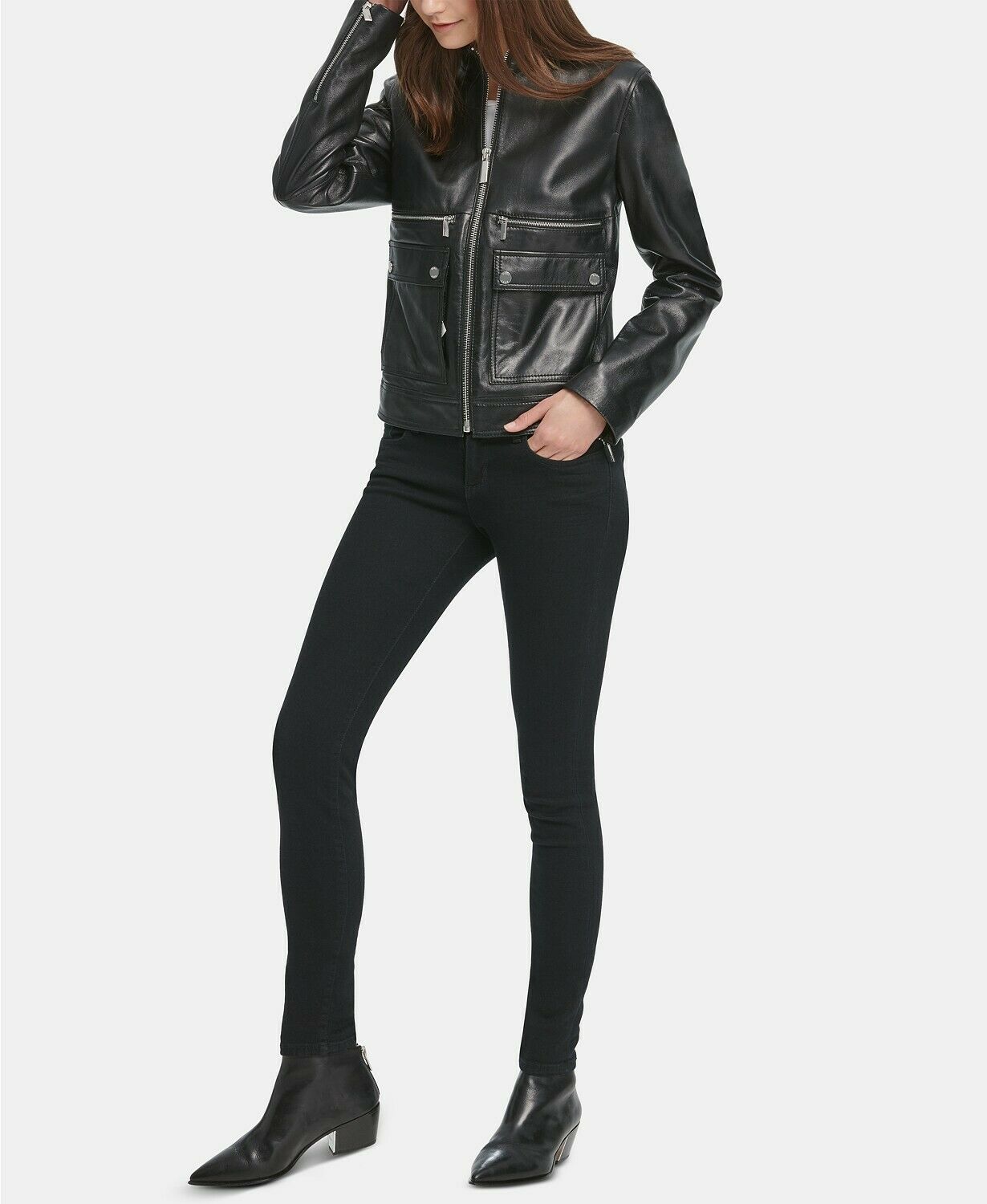 DKNY Women’s Zip Front Trucker Leather Jacket  Color Black Size XL