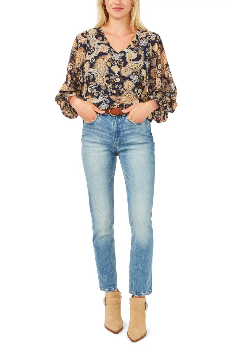 VINCE CAMUTO Paisley Smocked Sleeve Blouse  Color Classic Navy Size M