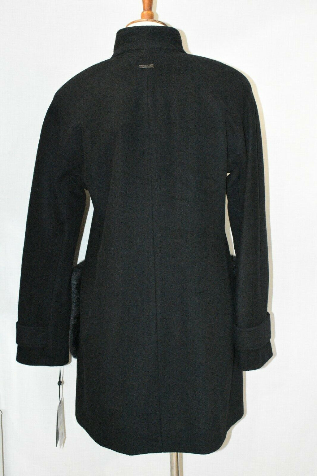 DKNY Women’s Petites Vegan-Fur-Pocket Walker Coat  Color Black Size PS