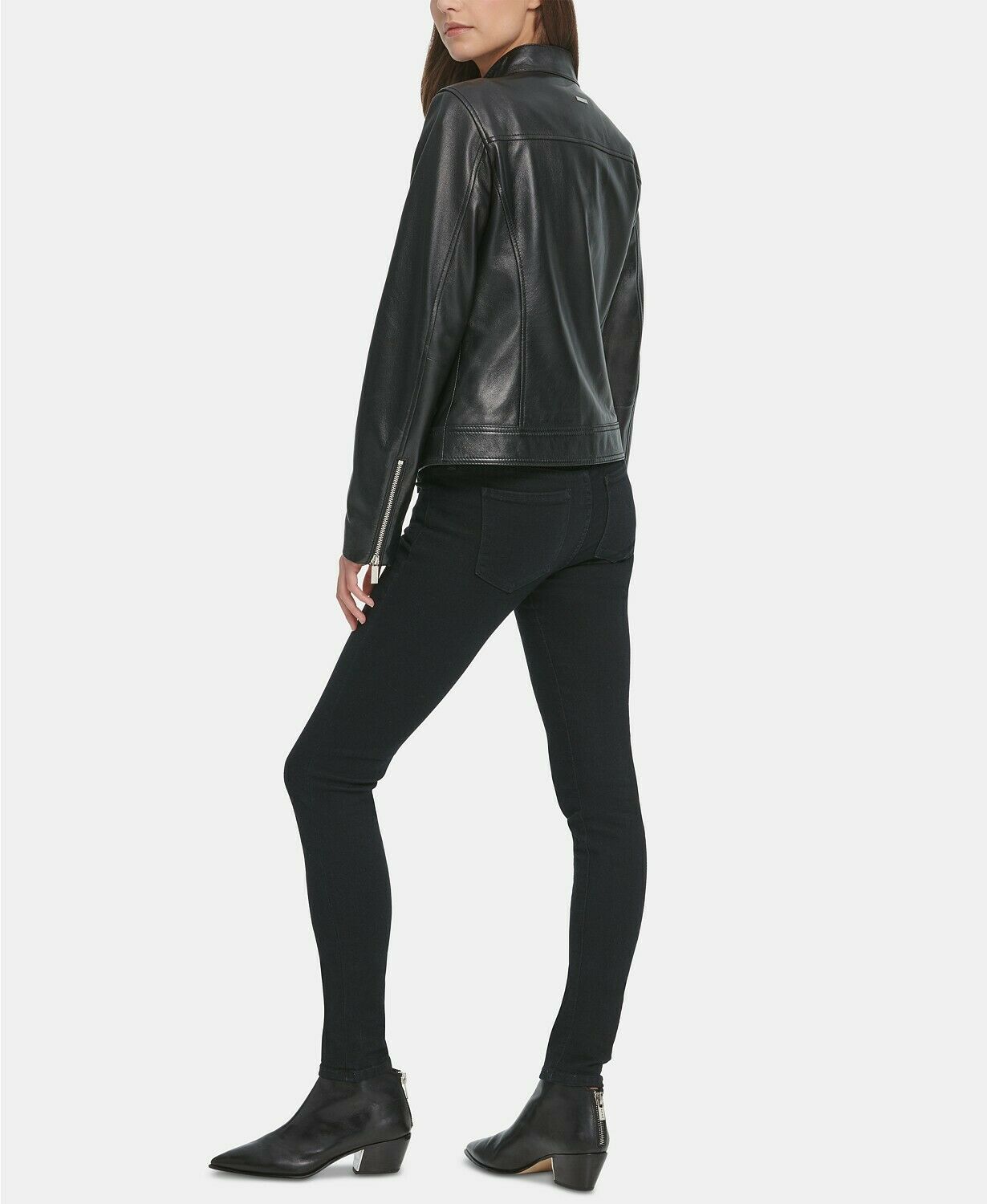 DKNY Women’s Zip Front Trucker Leather Jacket  Color Black Size XL