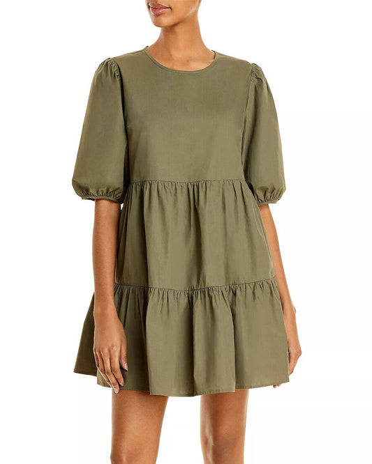 Aqua Women's Ruffled Puff Sleeve Poplin Mini Dress  Color Olive Size M