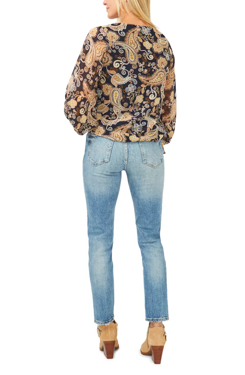 VINCE CAMUTO Paisley Smocked Sleeve Blouse  Color Classic Navy Size M