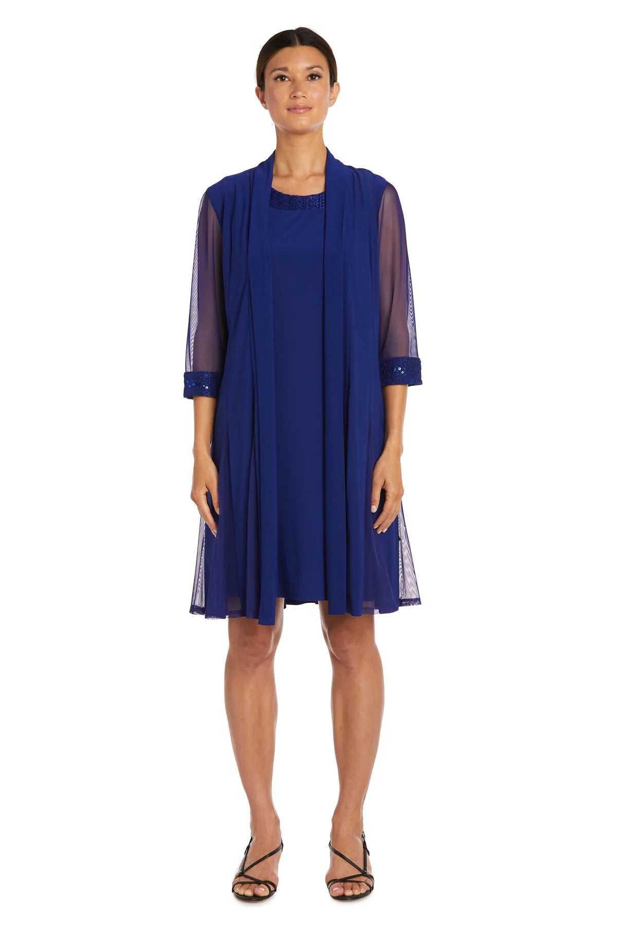 RM Richards Shift Dress with Embellished Neckline and Sheer Jacket - Petite  Color Royal Blue Size 8P
