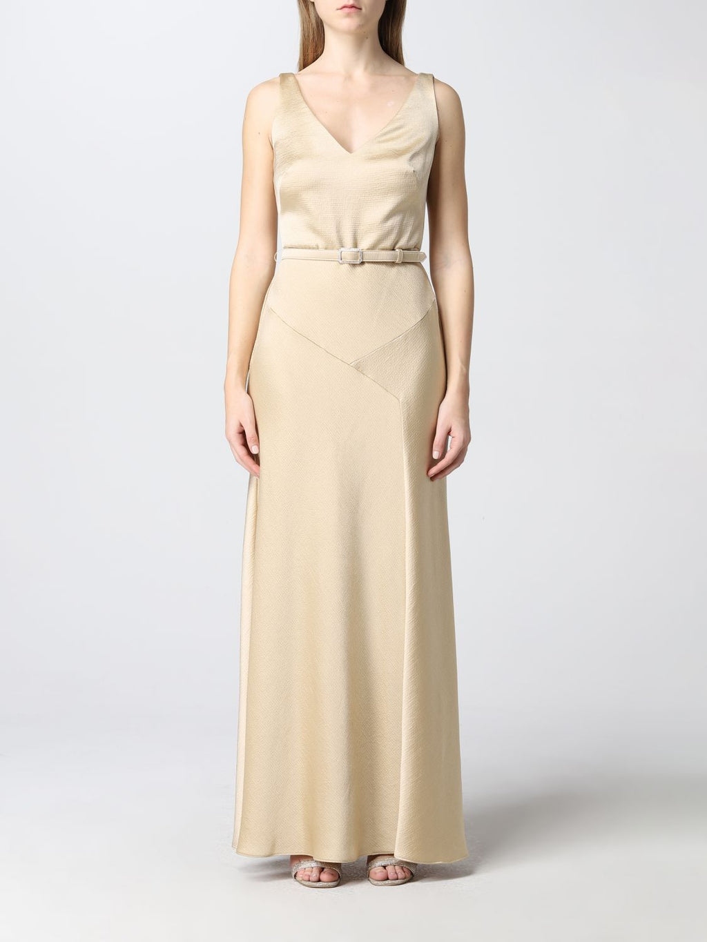 Lauren Ralph Lauren Satin Belted Sleeveless Gown  Color Pale Parchment Size 12