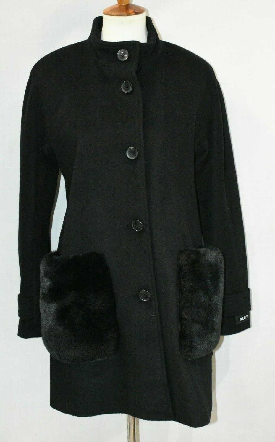 DKNY Women’s Petites Faux-Fur-Pocket Walker Coat  Color Black Size PS