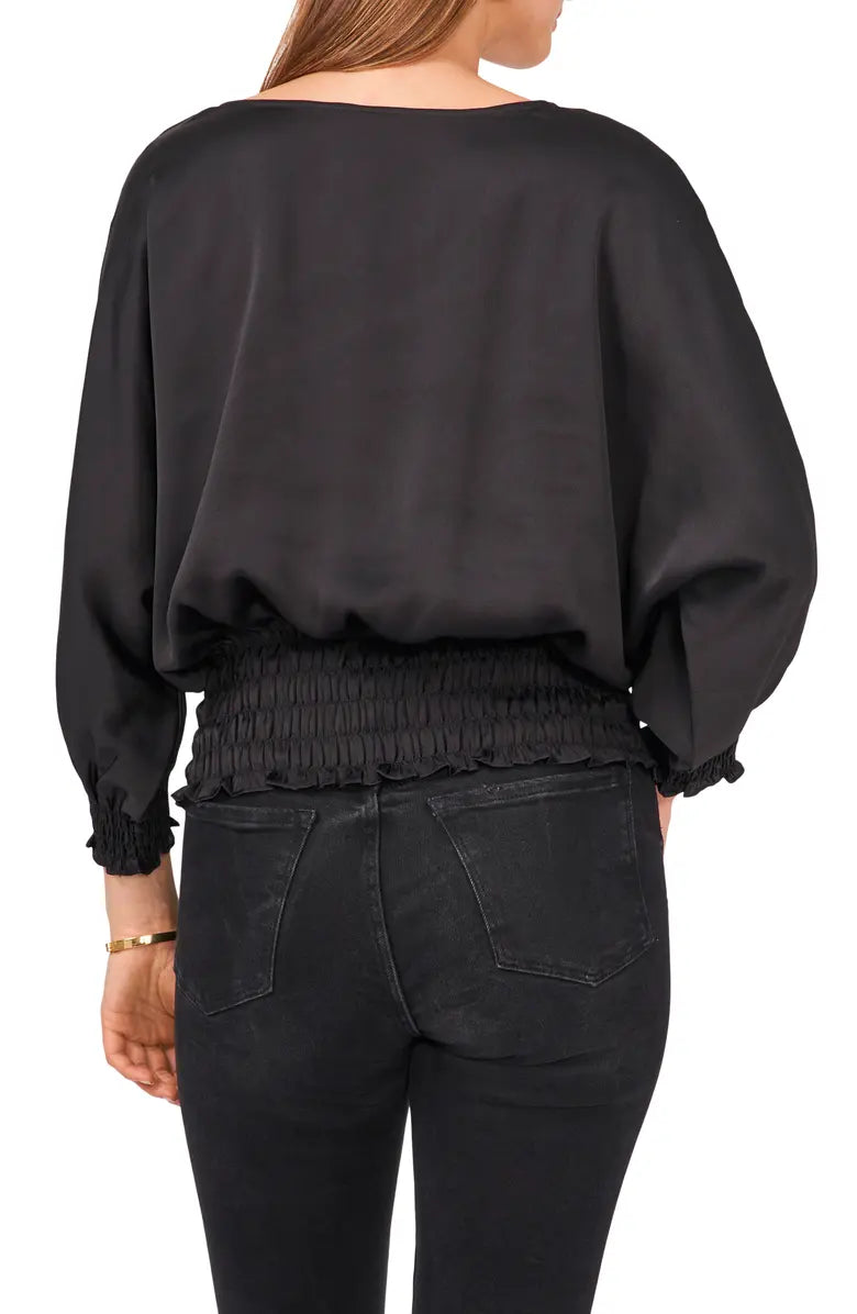 VINCE CAMUTO Women's Solid Dolman-sleeve Smocked-hem Top Color Rich Black Size XS