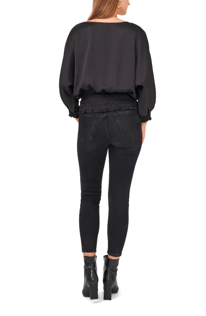 VINCE CAMUTO Women's Solid Dolman-sleeve Smocked-hem Top Color Rich Black Size XS