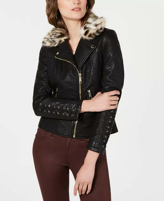GUESS Women’s Faux-Leather Moto Jacket with Leopard-Print Faux-Fur Collar  22LMU473 Size XS