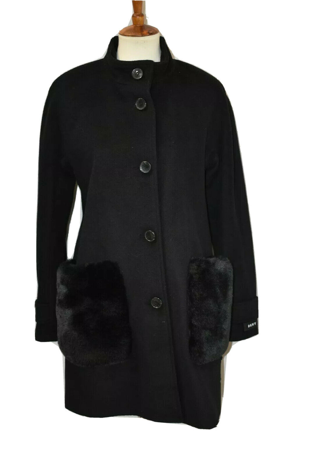DKNY Women’s Petites Vegan-Fur-Pocket Walker Coat  Color Black Size PS