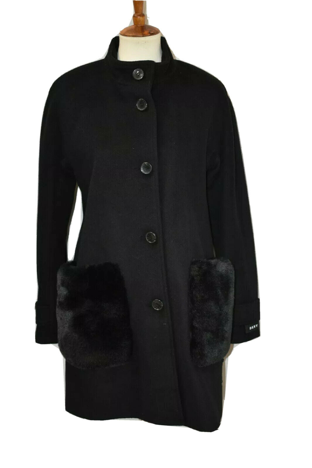 DKNY Women’s Petites Vegan-Fur-Pocket Walker Coat  Color Black Size PS