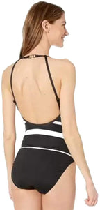 LAUREN RALPH LAUREN Gradient Stripe Shaping High Neck Mio One-Piece  Black/White Size 16
