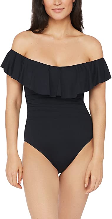 La Blanca Island Goddess Off Shoulder Ruffle 1-Piece Swimsuit  Color Black Size 8