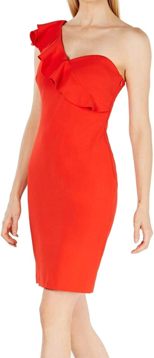 Calvin Klein Women's One Shoulder Sheath w/ Ruffle Arm  Color Tango Size 12