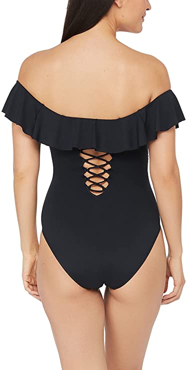 La Blanca Island Goddess Off Shoulder Ruffle 1-Piece Swimsuit  Color Black Size 8