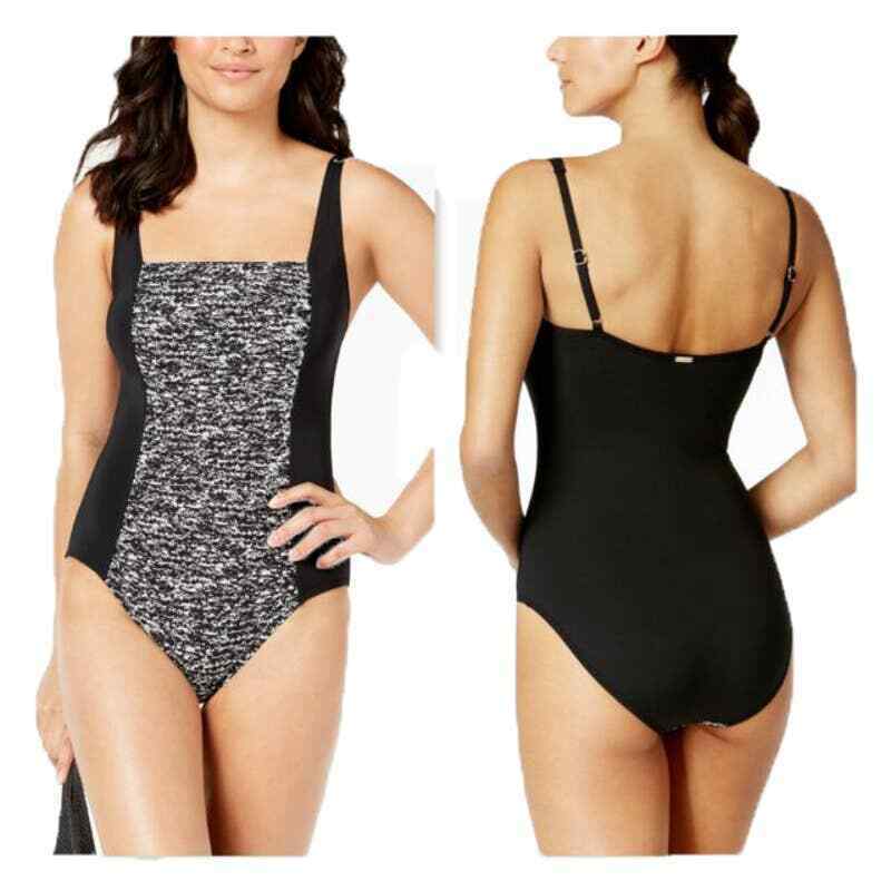 Calvin Klein Women's Solid Pleated One-Piece Swimsuit  Color Black Sandstone Size 4