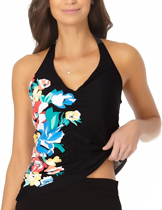 Anne Cole Summer Bunches Shirred Front Halter Tankini Top  Color Black Size S