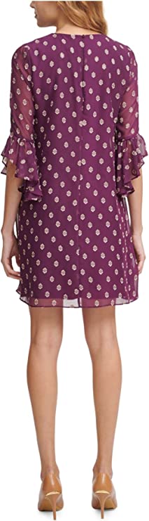 Calvin Klein Dot-Print Ruffle-Sleeve Dress  Color Purple/Gold Size 6