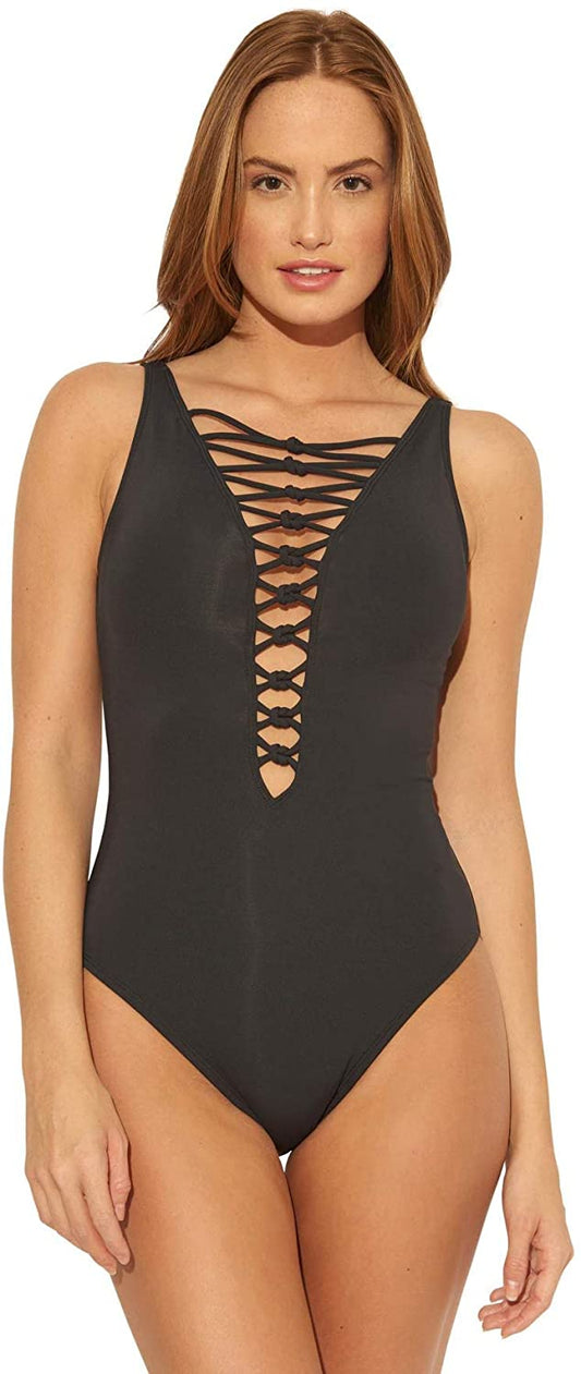 Bleu Rod Beattie Mango Mojito Lets Get Knotty Plunge Lace-Up One Piece
