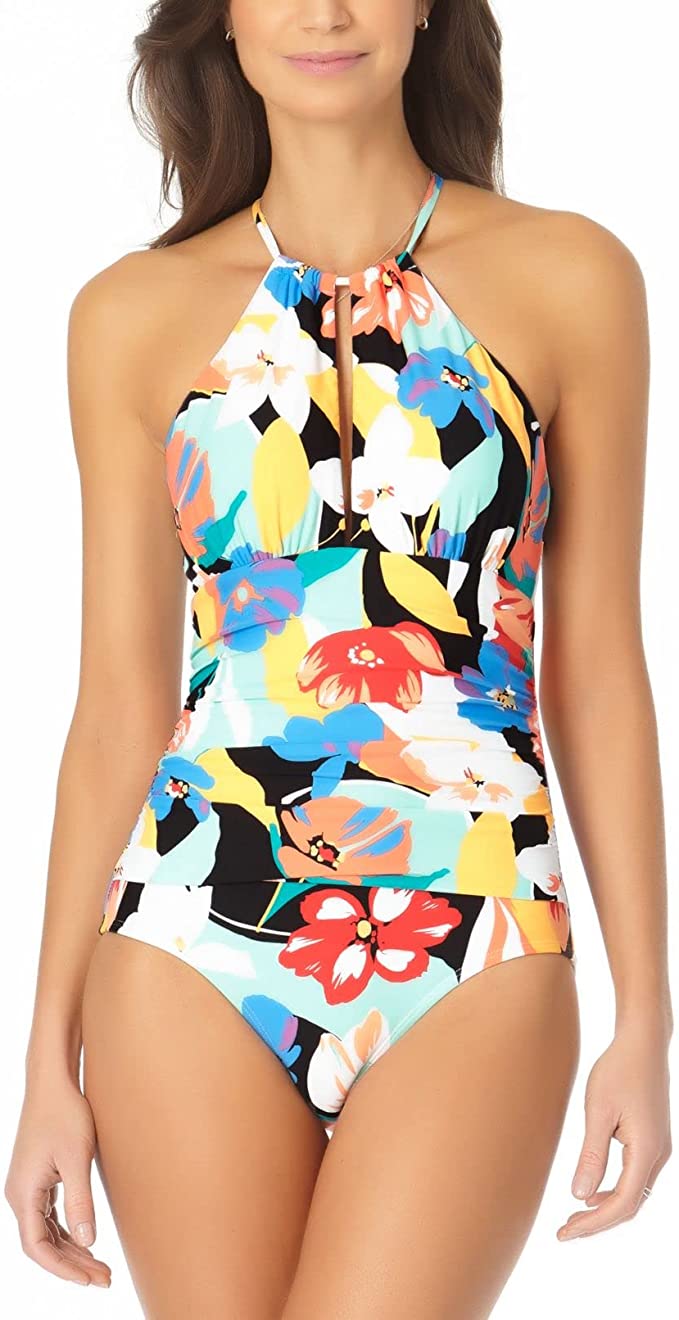 Anne Cole Modern Blooms High Neck One Piece Swimsuit  Multicolor Size 10